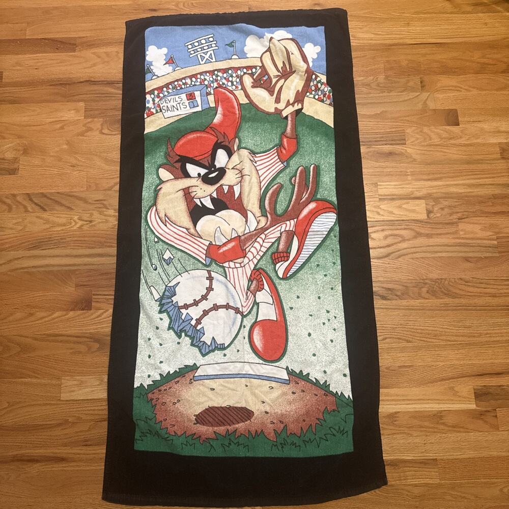 VTG 1992 Looney Tunes Taz Tasmanian Devil Baseball Cotton Terrycloth Beach Towel